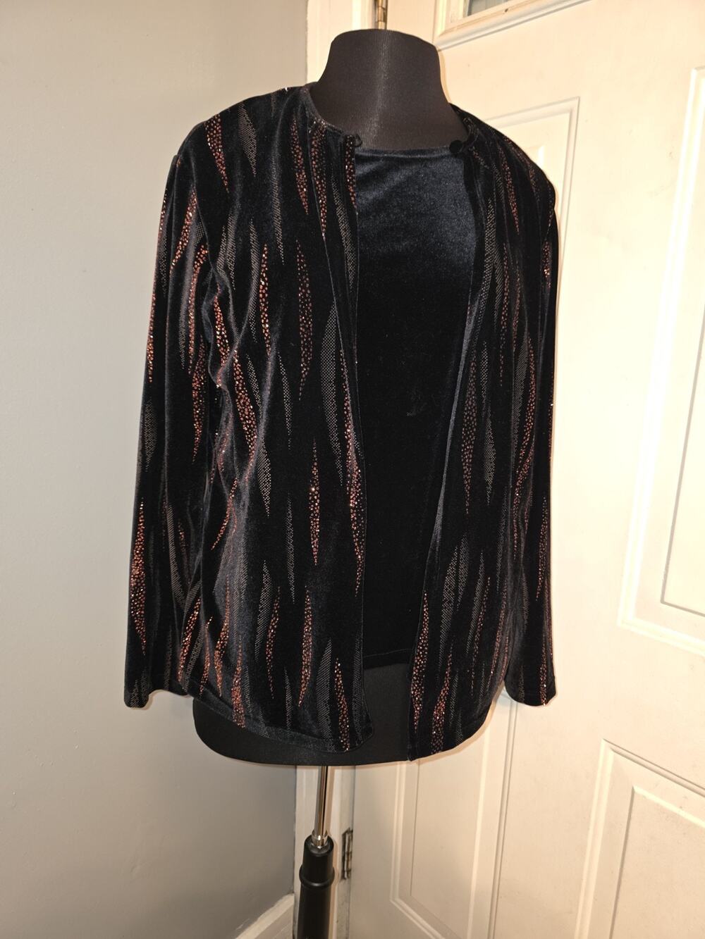 Vintage Notations Velour Velvet Sparkle Top Whimsigoth Black Orange Goth L